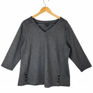 J. Jill Wearever Plus Size Petite XL Charcoal Gray Button Long Sleeve V-Neck Top